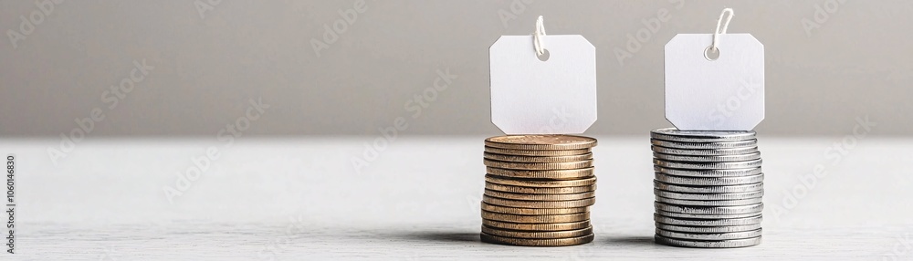 Aufkleber two stacks of cash of different amounts placed next to value tags, symbolizing the balance between p