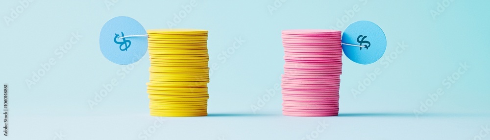 Poster two stacks of cash of different amounts placed next to value tags, symbolizing the balance between p