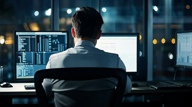 A man works late at night in a dimly lit office, focusing intently on the computer screen in front of him