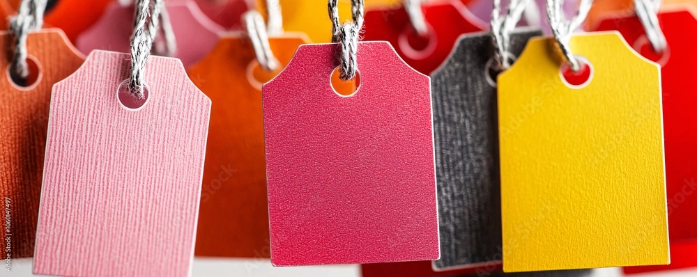 Poster two price tags attached to similar items in a store, one at a discounted rate, illustrating cost ver