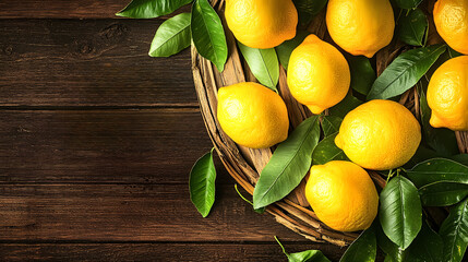 Fresh lemons with green leaves on wooden basket