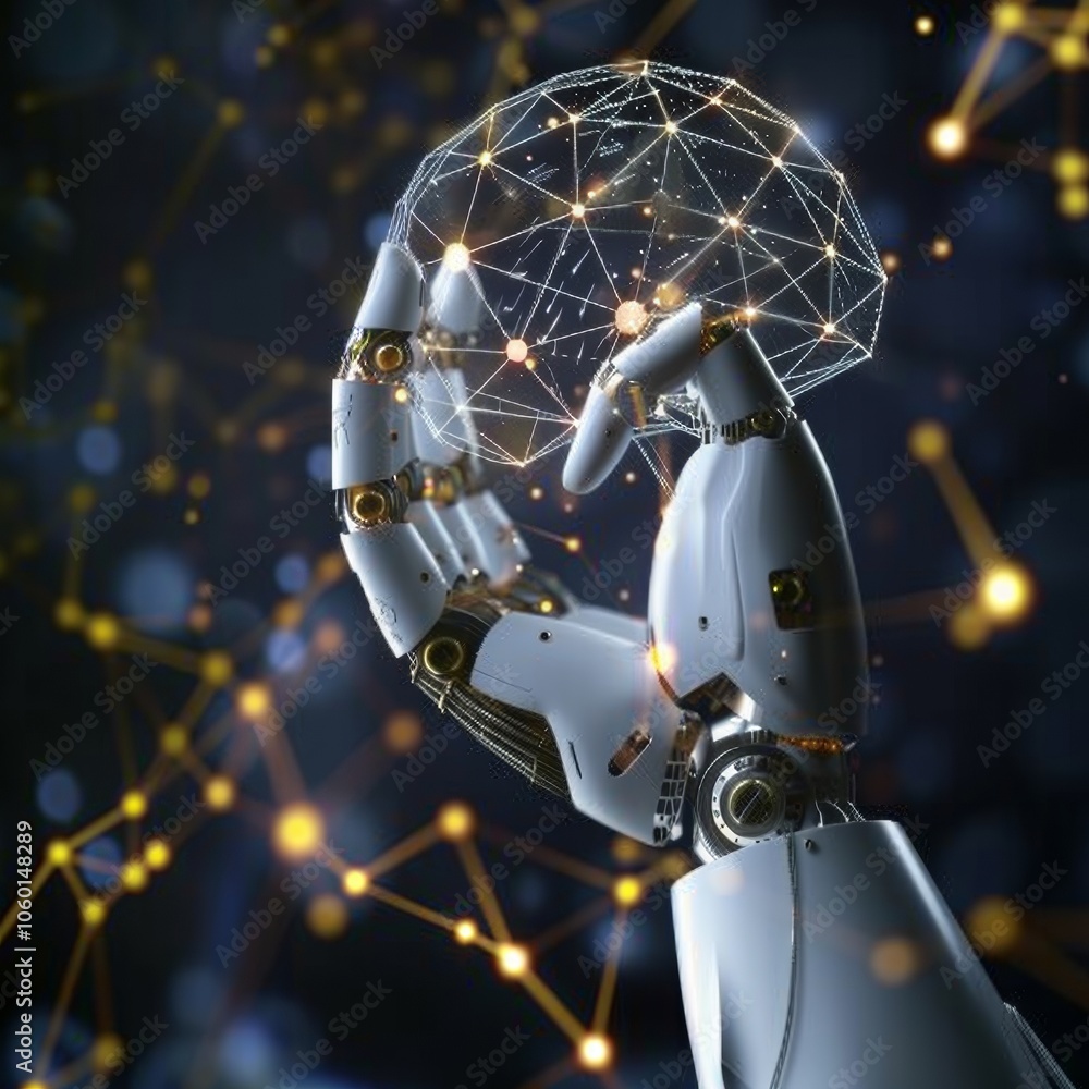 Poster robot brain digital data ai global network technology hologram with light and hand of human in sci-f