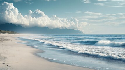 Serene Beach with Rolling Waves and Mountain Range in the Distance