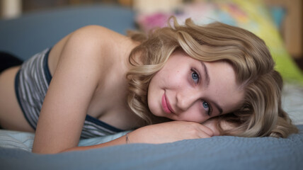 Fototapeta premium A blonde girl is laying on a bed with her head tilted to the side. She is smiling and looking at the camera