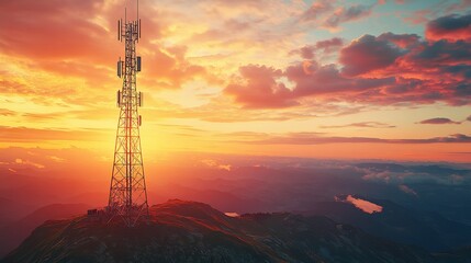 High Telecommunication Cell Tower Antenna at Mountain