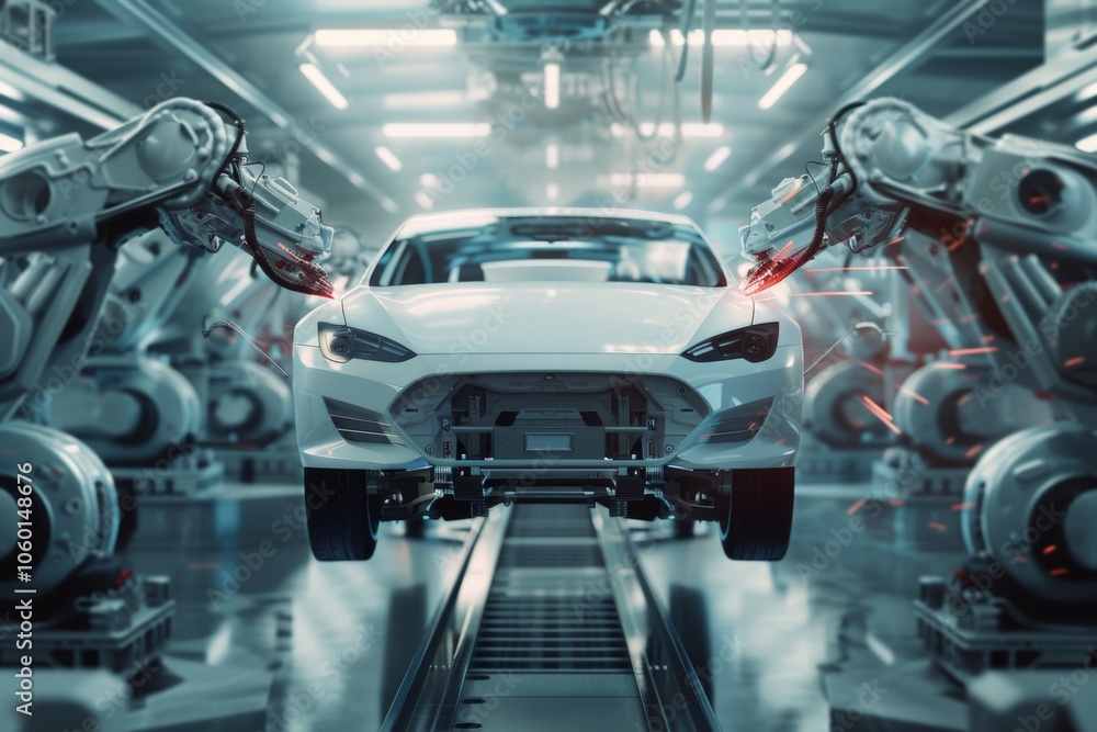 Poster robot welder in automobile industry. white robots welding car body on automobile factory. the robots