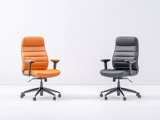 Comparison of home office setups: luxury ergonomic chair vs. budget chair, prices displayed in small type, clear editorial feel, light and minimalist background