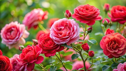 Obraz premium A gentle rose bush in full bloom with soft red petals and delicate thorns on its branches, blooms, botanical, delicate, flowers, spring