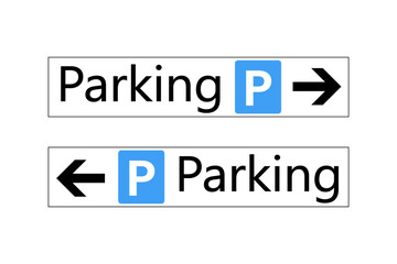 Fototapeta premium Two parking direction road signs. Horizontal shape with symbol and directional arrow, one pointing right and the other pointing left. 