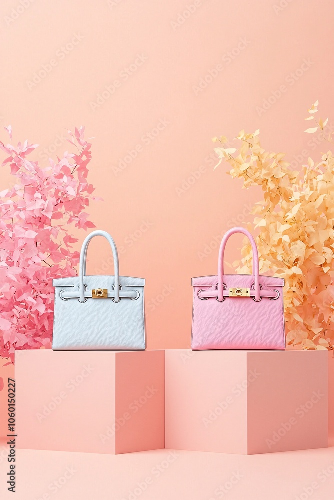 Poster editorial comparison of two designer handbags with different price tags, minimalist display with foc