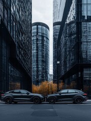 Luxury SUV parked beside a compact budget car, cost comparison emphasized, city background, rich colors, professional editorial photography style
