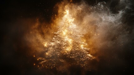 Large Christmas tree illuminated in darkness, adorned with bright lights, creating festive holiday ambiance.