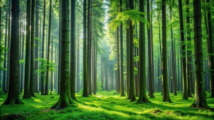 Obraz premium A lush green forest with tall trees standing upright in the foreground, vegetation, trees, plant life, wilderness, tranquil