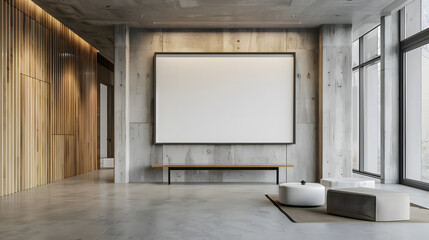 Front view on blank grey partition with place for your poster or picture frame in modern interior design office with wooden walls background, concrete floor and white table