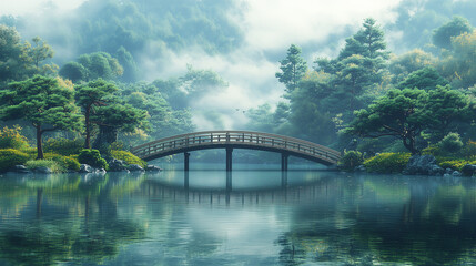 Obraz premium Wooden Japanese bridge over calm lake in misty forest