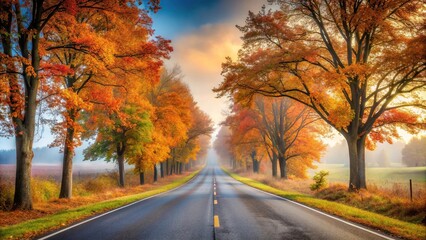 Obraz premium A scenic view of a deserted autumn road lined with trees and a distant misty sky, fallen leaves, misty sky