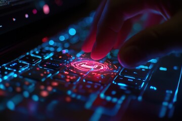 Naklejka premium Fingers Engaged on a Laptop Keyboard Accompanied by a Glowing Holographic Lock, Highlighting Cybersecurity Amidst a Soft Bokeh Lights Backdrop