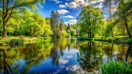 Obraz premium A serene pond surrounded by tall trees and vibrant greenery on a warm spring day, blooming plants, garden, foliage