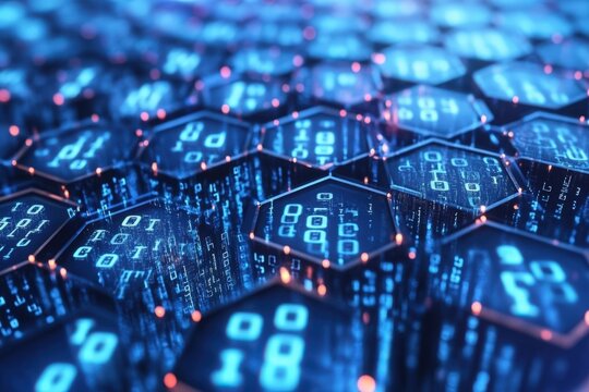 Innovative Hexagonal Pattern in Shades of Blue Overlayed with Binary Code, Perfect for Technology and Design Landing Pages in 3D 