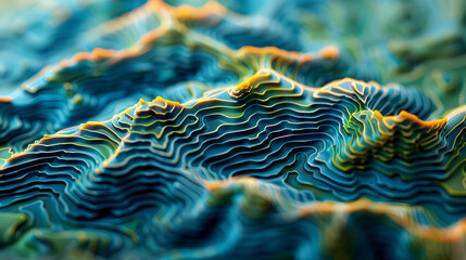 GIS geodata mapping concept featuring a detailed, layered terrain model with contour lines and elevation data. Ideal for geographic analysis and spatial data visualization