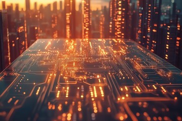 Advanced Circuit Board Patterns Overlaying a City Skyline Illuminated by a Warm Sunset Glow 
