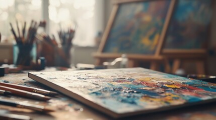 Artist's Messy Desk with Tools and Paints