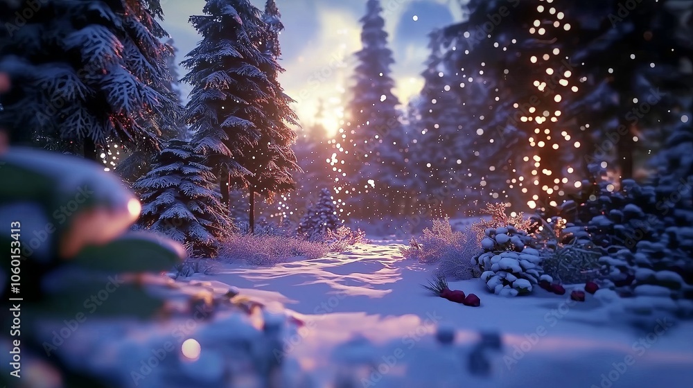 Poster a snowy forest scene with gentle snow falling, creating an ethereal winter wonderland.