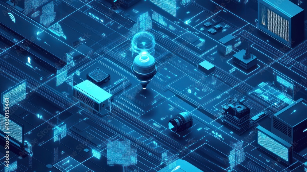 Poster a futuristic digital landscape with interconnected data points and technology elements.