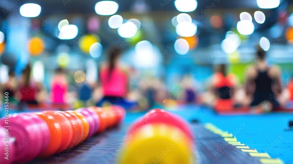 Poster blurry view of a crowded fitness class with hints of colorful exercise equipment in the foreground.