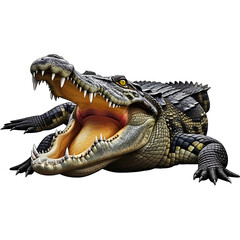 Obraz premium A fierce crocodile with an open mouth, showcasing sharp teeth and powerful jaws, against a dark background.
