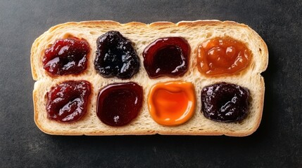 A slice of white bread topped with nine different types of colorful fruit jams arranged in a grid pattern on a dark background.