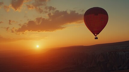 Fototapeta premium flying air balloons with tourists in basket in sky over morning valley 