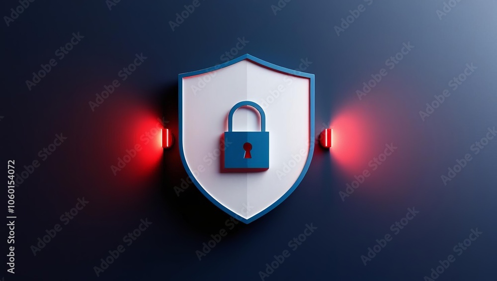 Poster a digital shield with a padlock and red lights, symbolizing security and protection in technology.