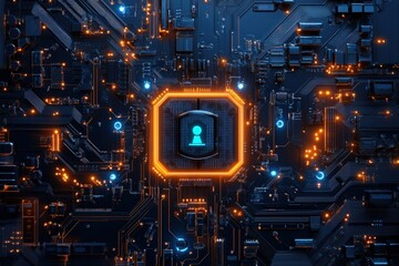 Fototapeta premium Illuminated Circuit Board Design Featuring a Central Encryption Icon in Vibrant Blue and Orange Hues