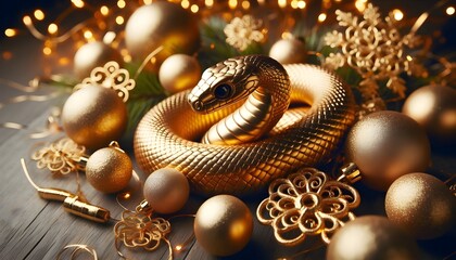 Fototapeta premium A gold snake wrapped around golden festive decorations. 2025 year of the snake