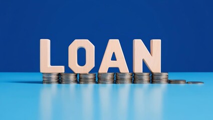The image features wooden letters spelling "LOAN" with stacks of coins in front, set against a blue background, symbolizing financial borrowing.