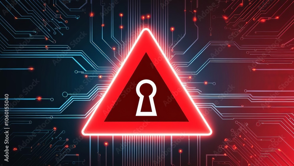 Poster a digital warning symbol features a red triangle with a keyhole, set against a futuristic circuit ba