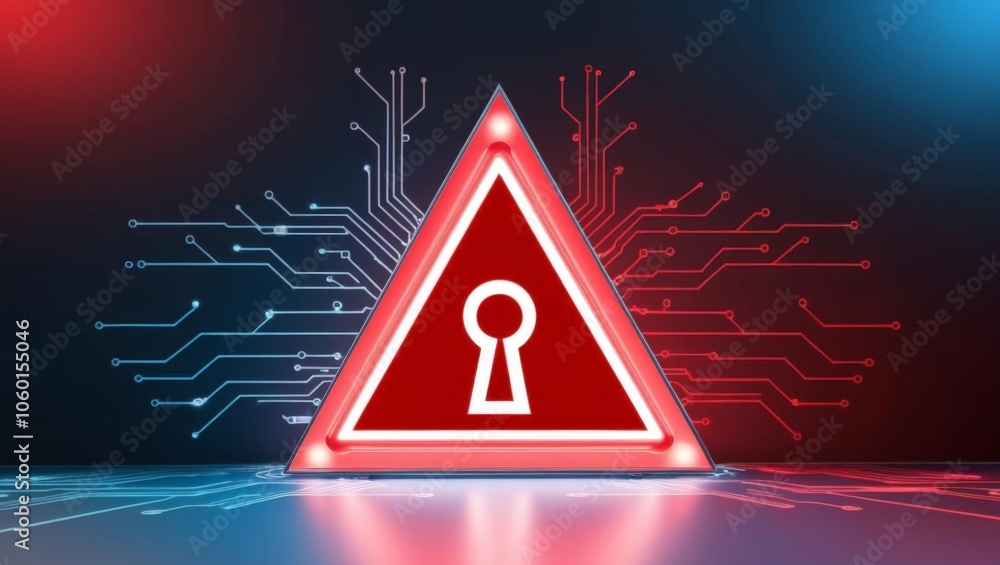 Poster a glowing red triangular warning sign with a keyhole, set against a digital background, symbolizes c