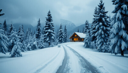 Obraz premium A small cabin in the middle of a snowy forest.