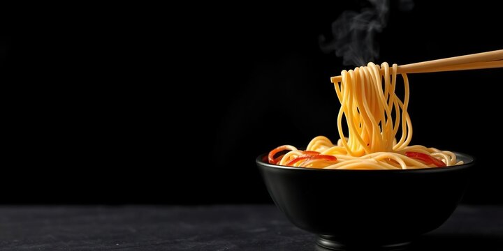 Chopsticks picking up steaming hot noodles on a sleek black background, dinner, slurping