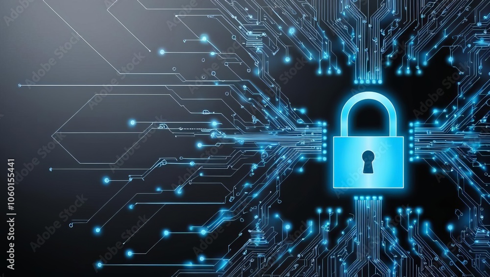 Poster a digital lock symbol against a backdrop of glowing circuitry, representing cybersecurity and data p