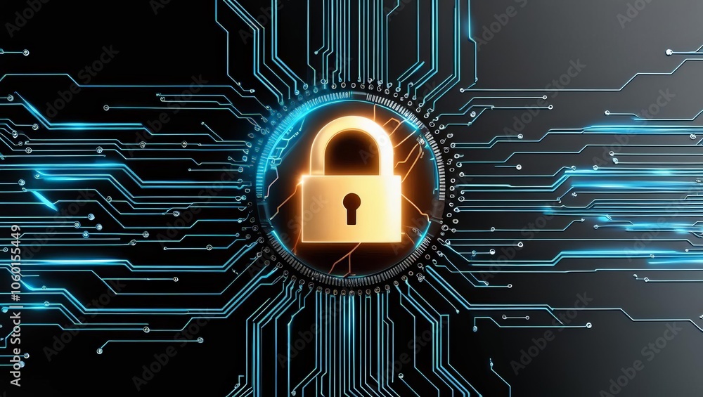 Poster a digital lock symbol set against a futuristic network background, representing cybersecurity and da