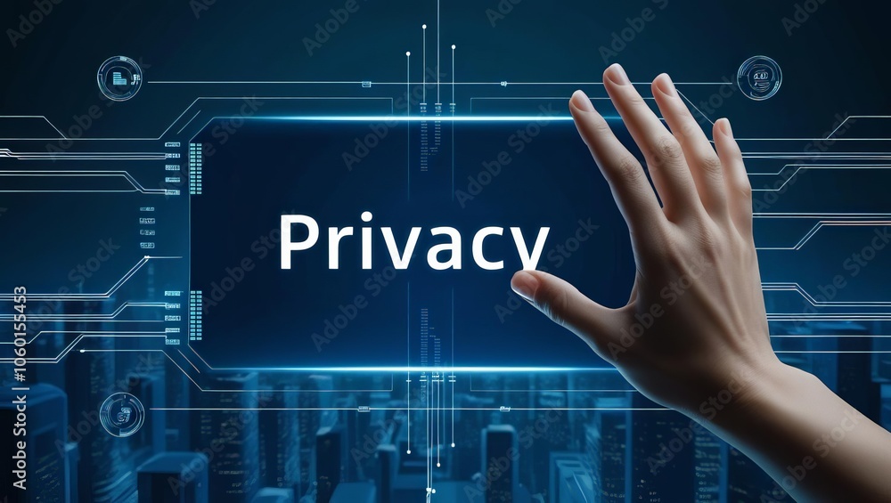 Poster a hand reaches towards a digital screen displaying the word 