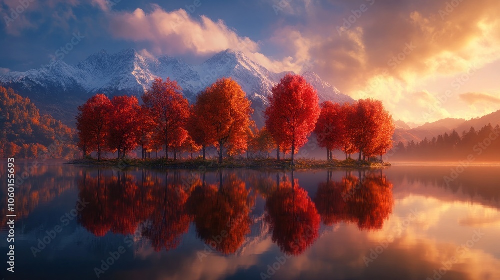Poster a serene autumn scene with a small island covered in fiery red trees reflecting in the tranquil lake
