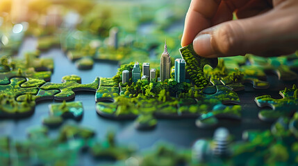 Obraz premium Hand carefully connects jigsaw puzzle pieces, featuring elements of a green cityscape, symbolizing the collaborative effort in building sustainable urban communities