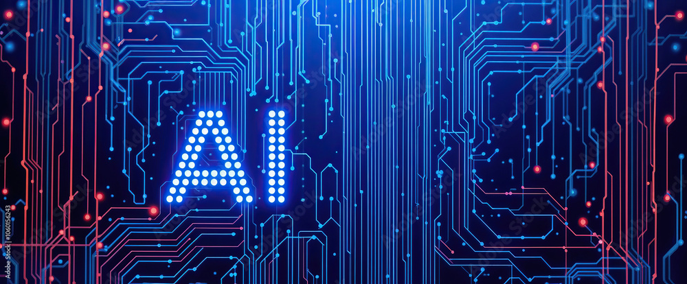 Poster ai text on digital circuit board artificial intelligence concept with futuristic tech design