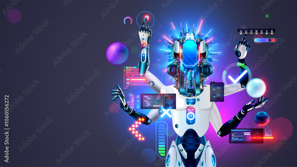 Aufkleber AI robot works with computer interface. Bot with artificial intelligence. Robot with four arms performs many tasks. AI neural network analysis data, works on HUD. 3d character robot or cyborg with AI.