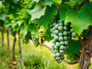 Fototapeta premium Close-up of vine with grapevine not yet ripe in a vineyard along the Moselle River, grapevine, summer