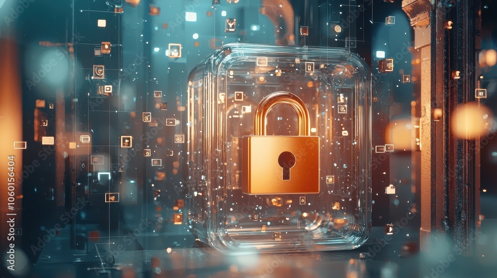 Poster 3d animated lock symbol with floating data graphics