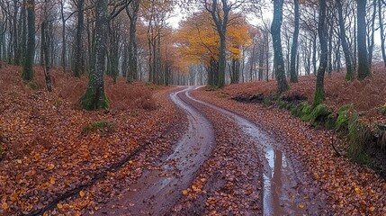 Fototapeta premium A winding path through a forest covered in autumn leaves, with vibrant oranges and yellows, under a gray sky.